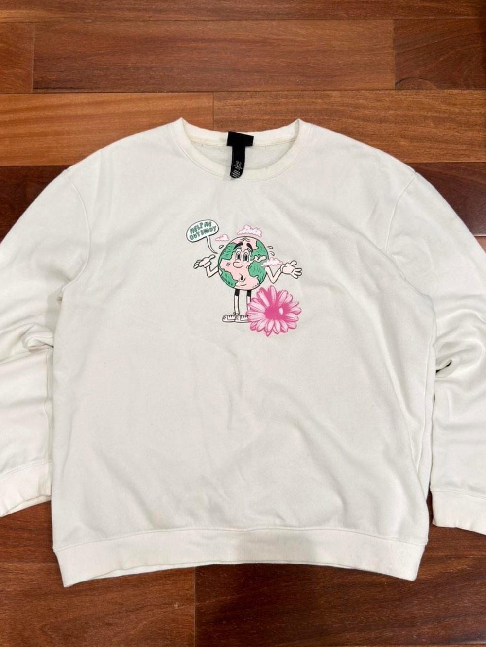 H&M White Crewneck Sweater with Earth Graphic and Pink Flower